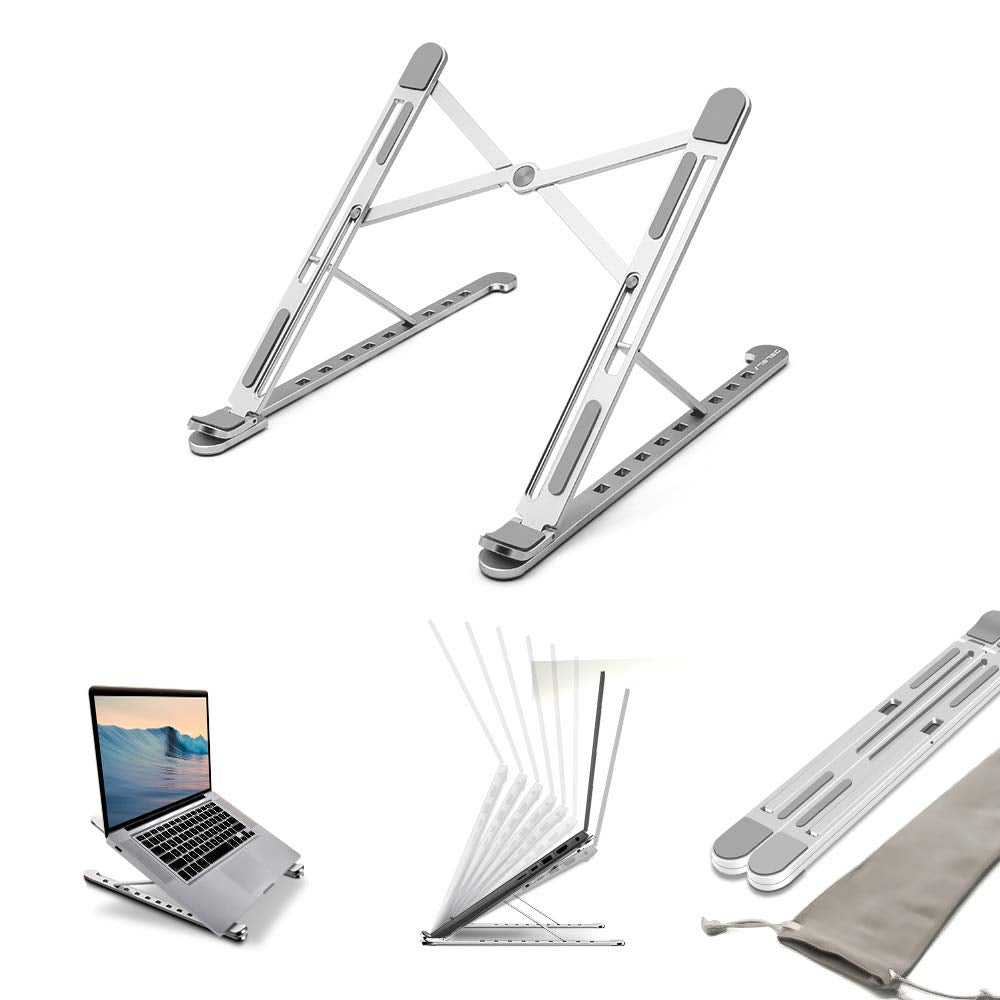Laptop Stand for desk, 8 level adjustable, Aluminium Portable Foldable Laptop riser & holder, Lightweight Cooling Desktop Riser for most laptop up to 15.6", Thin but HARD design, Silver