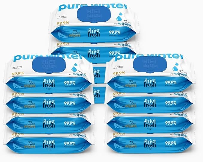 Hight Fresh Water Wipes, 99.9% Pure Cotton, for Kids and Adults, Alcohol Free Unscented Wet Wipes for Sensitive Skin, 864 Count (Pack of 12)