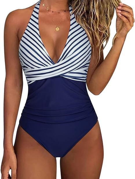 Women's V-Neck Halter Backless One Piece Swimsuit – Tummy Control Ruched Bathing Suit with Removable Pads, Crisscross Slimming Design for Beach, Pool & Red Sea Vacations