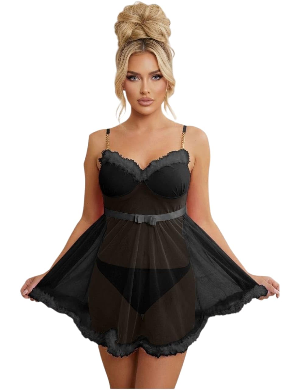 Black Sheer Lingerie Gold Chain Suspenders Nightgown with Belt and Feather Trim Babydoll Free Size