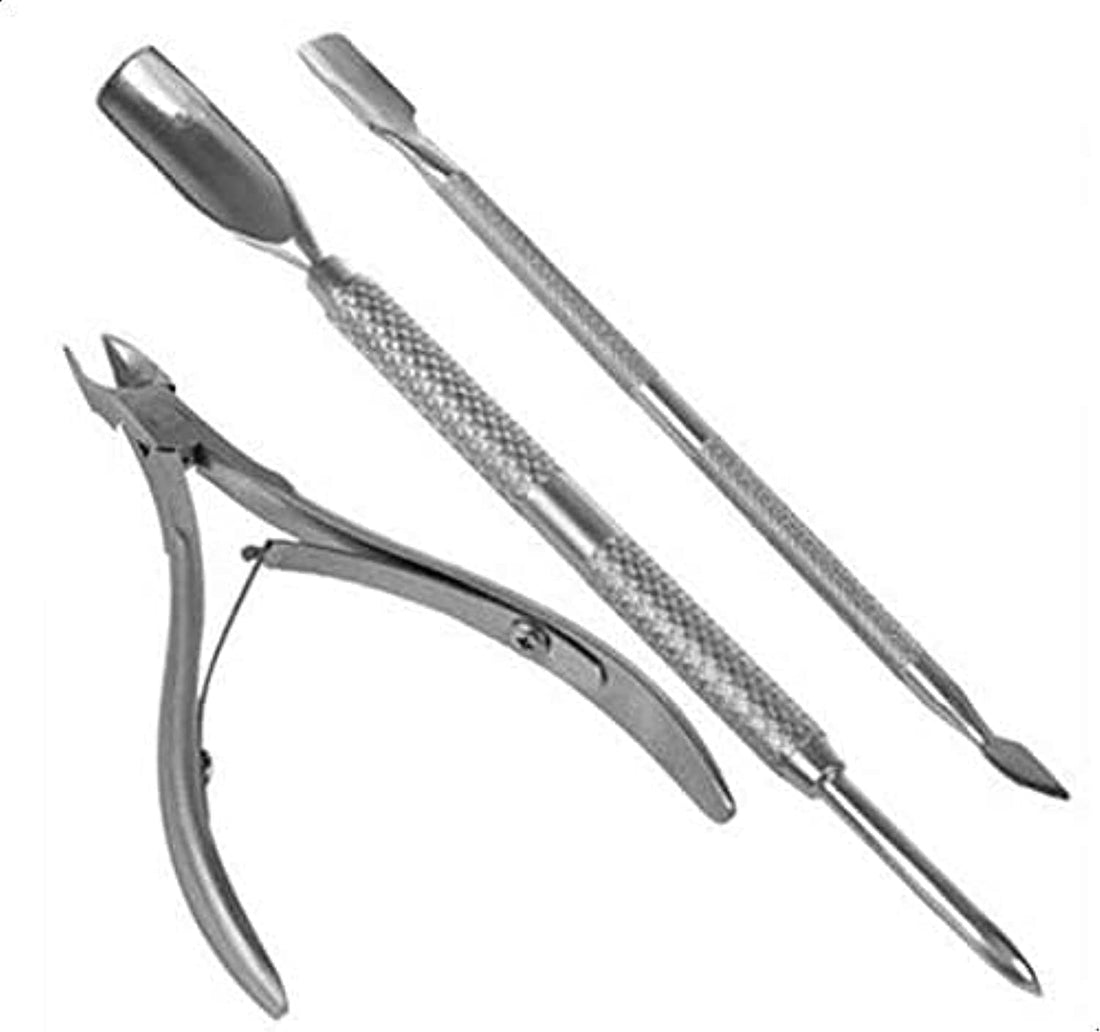 Stainless Steel Nail Cuticle Pusher Spoon with Clipper & Scissors (Set of 3 Pieces)