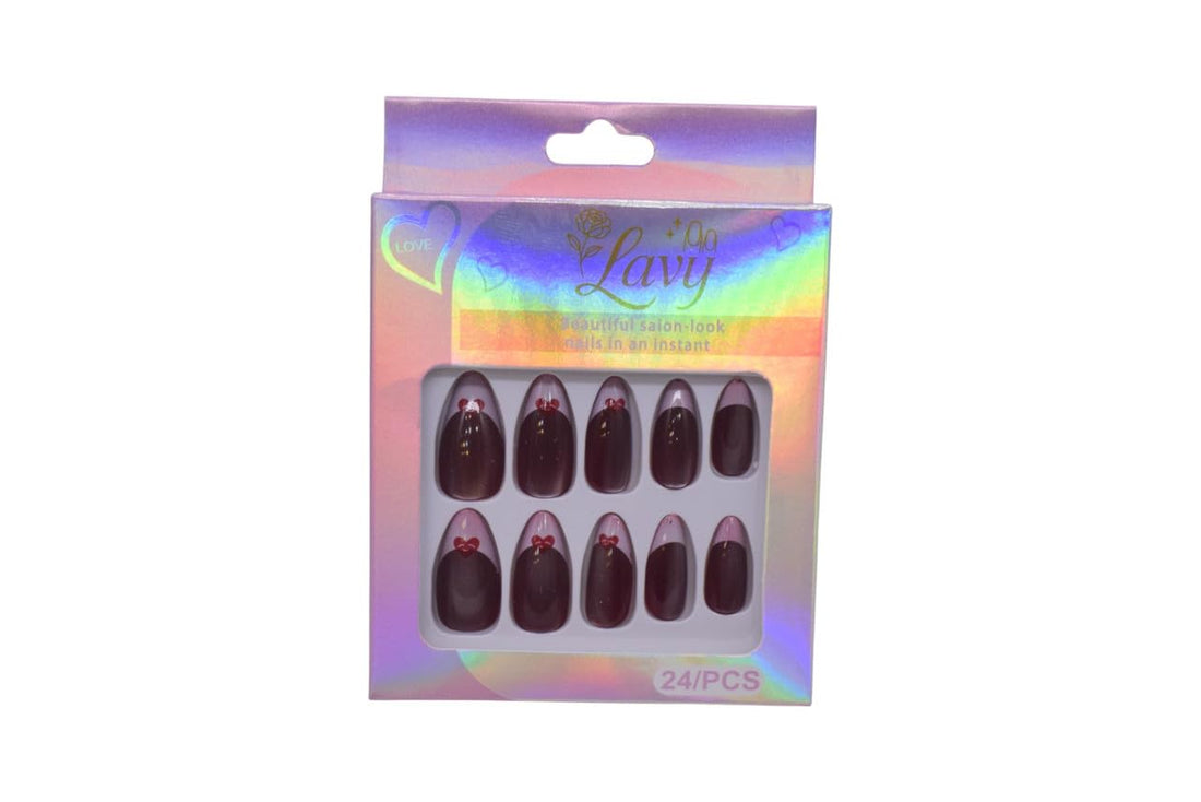 Lavy Almond Shape with French Tip and Heart Accents Press-On Mink Nails 24-Piece Set - Burgundy
