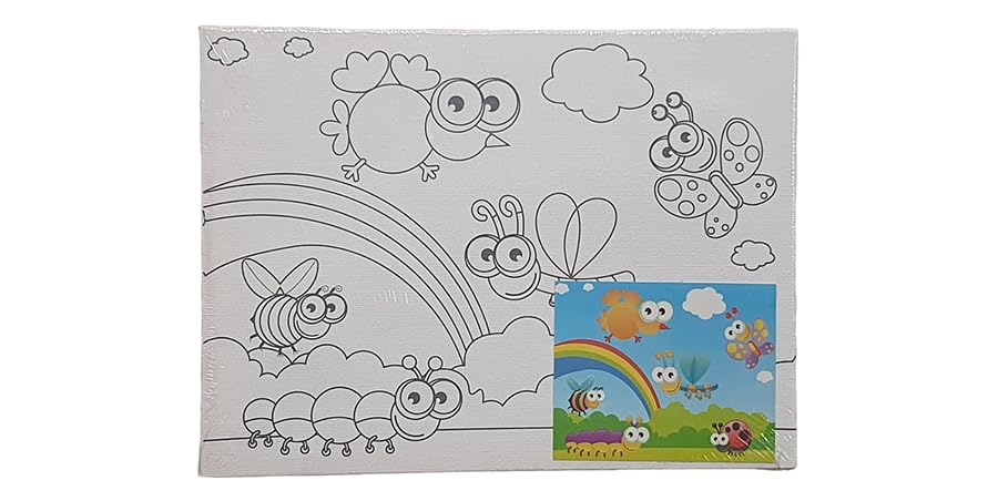 Keep Smiling Canvas Painting Set With Paint Brush & 6 Watercolor For Kids, 15 X 20Cm - White Black - 526
