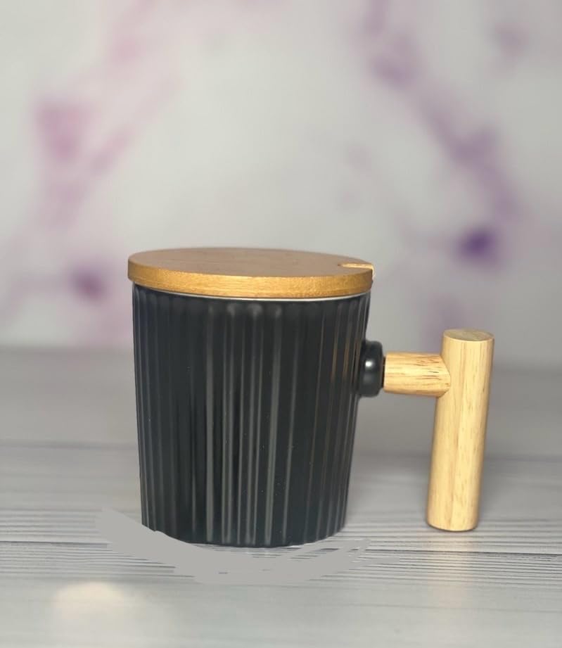 Downtown Ceramic Coffee Mug with Wooden Handle, Bamboo Lid and Stainless Steel Spoon, Black 400ml Cup for Home and Office, Matte Finish Large Tea Mug with Complete Stirring Accessory