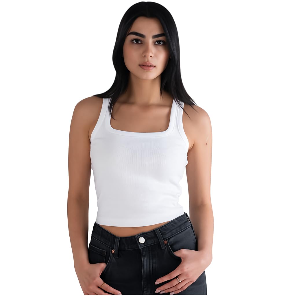 Women's Square Neck Tank Top, Sleeveless Fitted Crop Style, Black - بادي بيزك توب