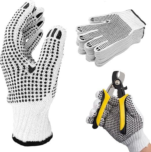 Safety-Line Work Glove, Double Side PVC Dotted Gloves, Safety Work Glove White String Knit Work Gloves, Cotton Work Gloves Dotted for Construction and Gardening