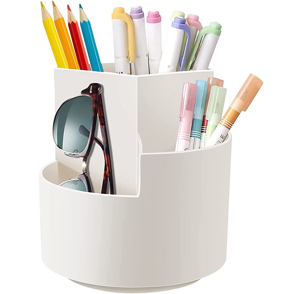 WDDS Versatile Stationery Storage, Storage Pencil Pot for Desk, Desk Organisers, Creative Rotating Pen Pot with 3 Compartments, 360 Degree Rotable, for Office Supplies, Stationery and Remotes(White)
