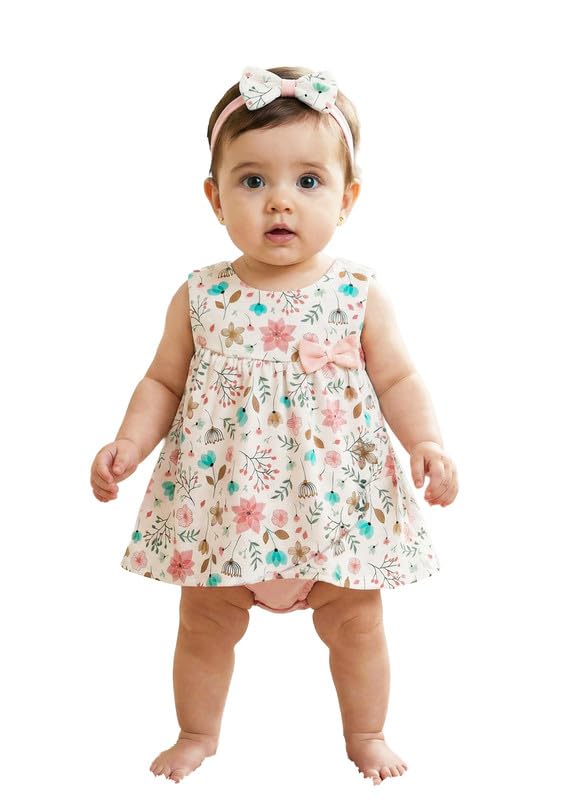 My Baby Girls Cotton Floral Print Dress with Bow, Snap Buttons & Bandana
