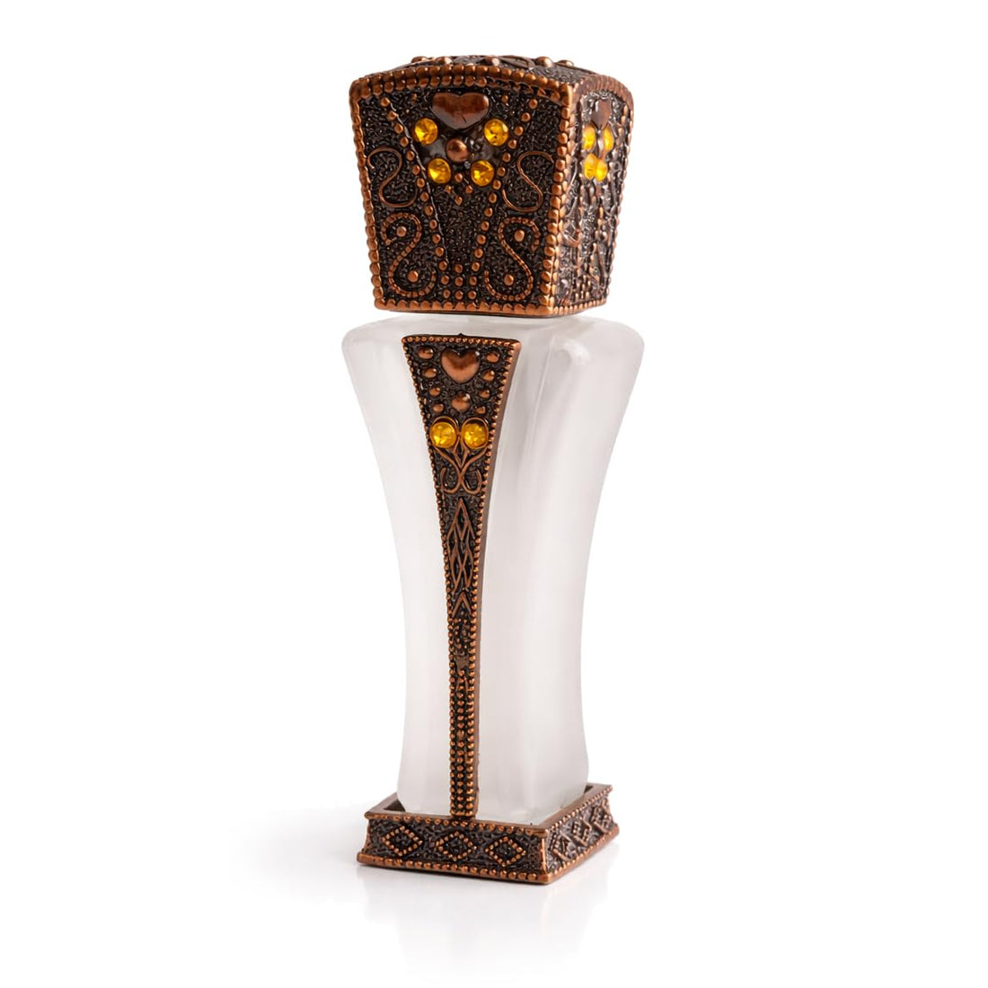 Decorative Metal Body & Glass Heart Reusable Empty Perfume Bottles - Antique Finish Embossing & Studded - Smooth Silk Inner Rod - for Essential Oils, Perfect for Travel, Gifts, Decoration (S-02)