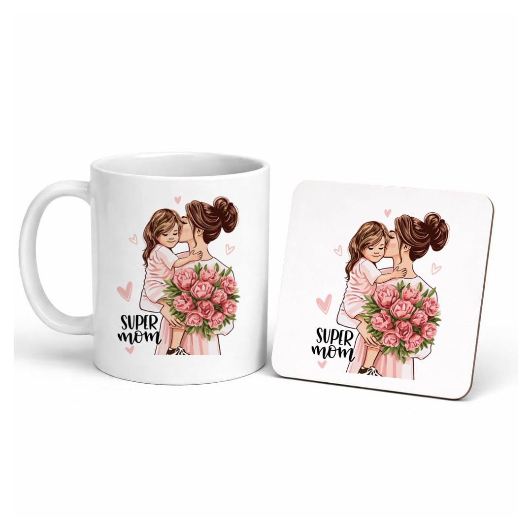 Super Mom Gift Coffee Mug 350ml with 6mm Wooden Coaster – Porcelain Mother Appreciation Cup Set
