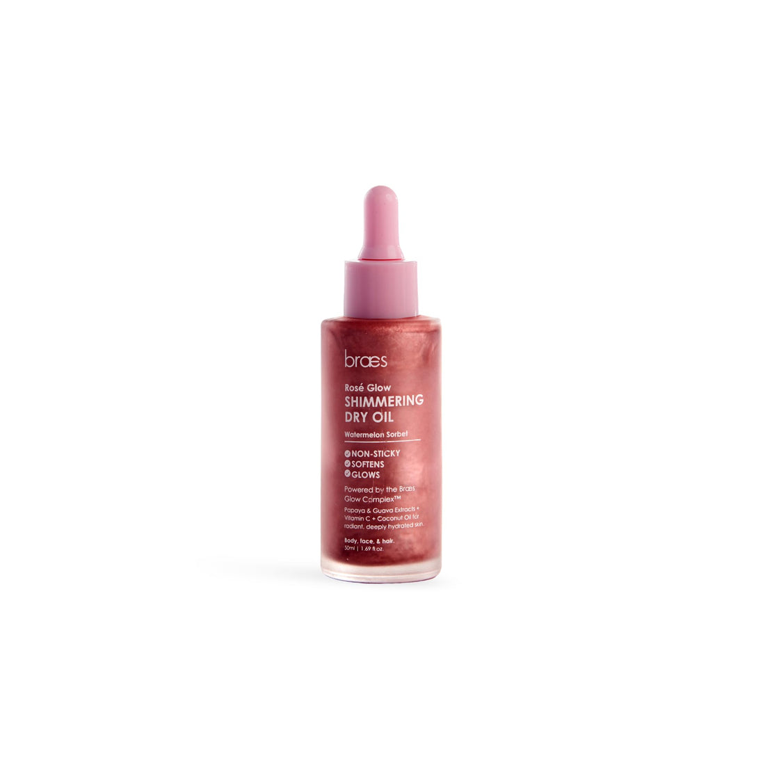 Braes Rose Glow Shimmering Dry Oil - Watermelon Sorbet - 50 ml - Deeply Hydrates Skin for Silky Smooth Finish - Multi-Use for Face, Body and Hair