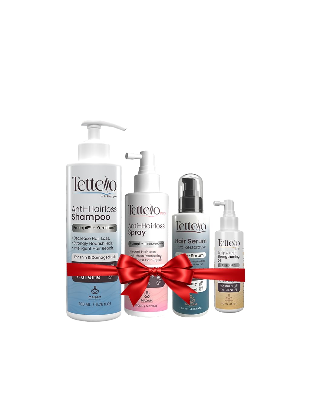 Tettello Anti-Hair Loss Hair Care Gift Set, Shampoo, Spray, Ultra Restorative Serum and Scalp Strengthening Oil, 4 Pieces