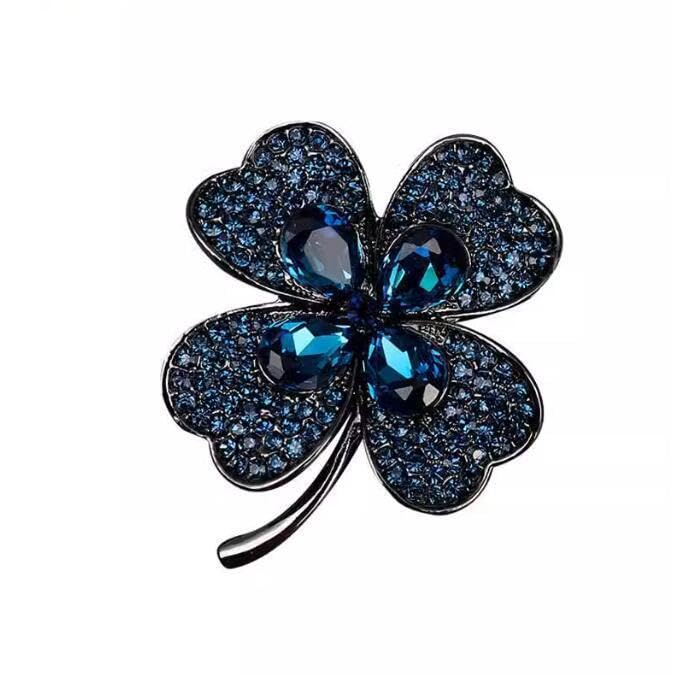 Elegant Four-Leaf Clover Brooch Pin. Blue Crystal, Fashion Jewelry Accessory For Women