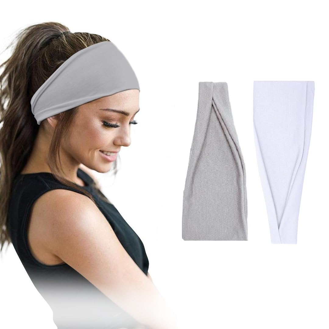Cotton Headbands for Women and Men, 95% Egyptian Cotton, Pack of 2, Non-Slip, Wide Style (White&Grey, One Size)