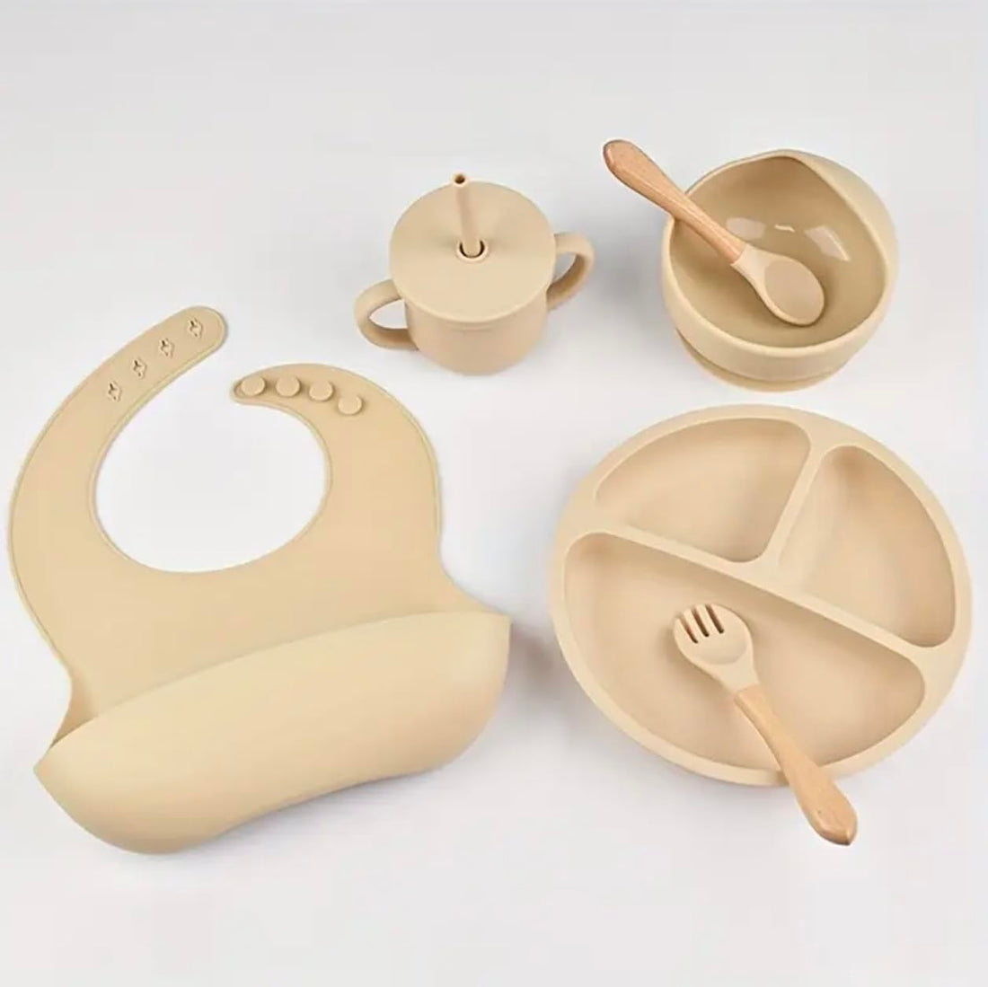 Silicone Baby Feeding Supplies Set 6 Pieces Baby Shower Gift Idea – Suction Plate and Bowl for High Chairs, Training Cup, and Ergonomic Utensils – Durable Weaning Essentials for Infants (Beige)