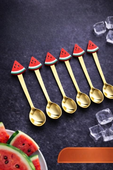 Set of 6 Cute Golden Stainless Steel Dessert & Teaspoons with Fruit-Shaped Silicone Tops (Watermelon)