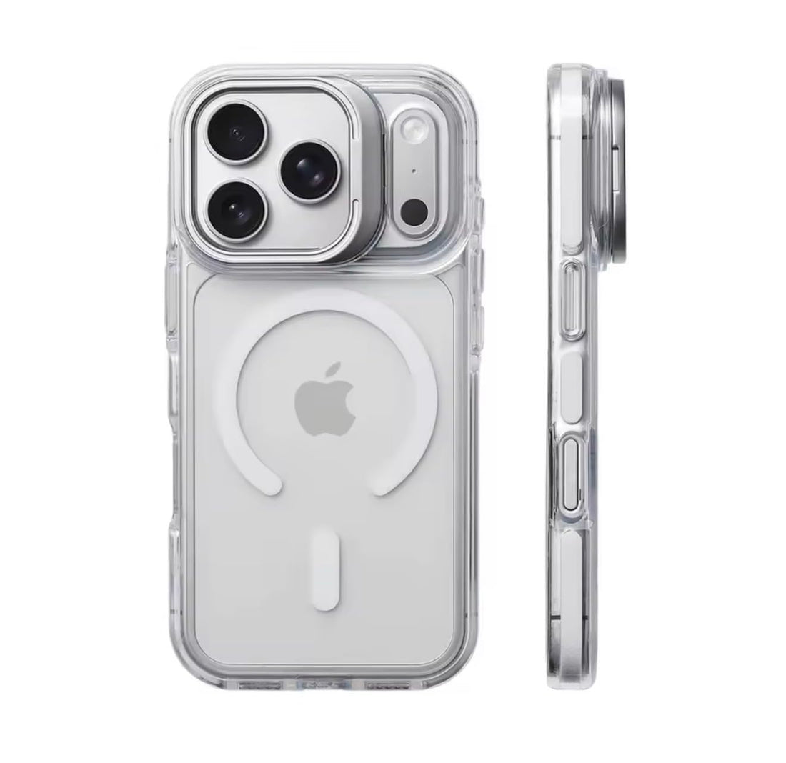 Fekra Luxury Magnetic Clear Case for iPhone 17 Pro MagSafe Compatible Shockproof Transparent Bumper with Camera Lens Protector & Built-in Stand, Slim Protective - Clear White