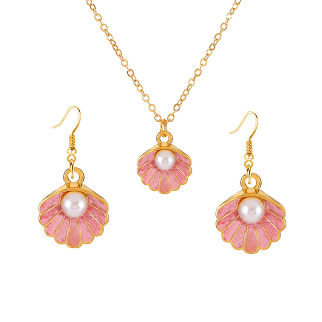 Dreuyet Seashell Pearl Necklace Earrings Set for Women Fashion Enamel Boho Pink Blue Scallop Sea Shell Pendant Necklace Beach Holiday Jewelry Gifts