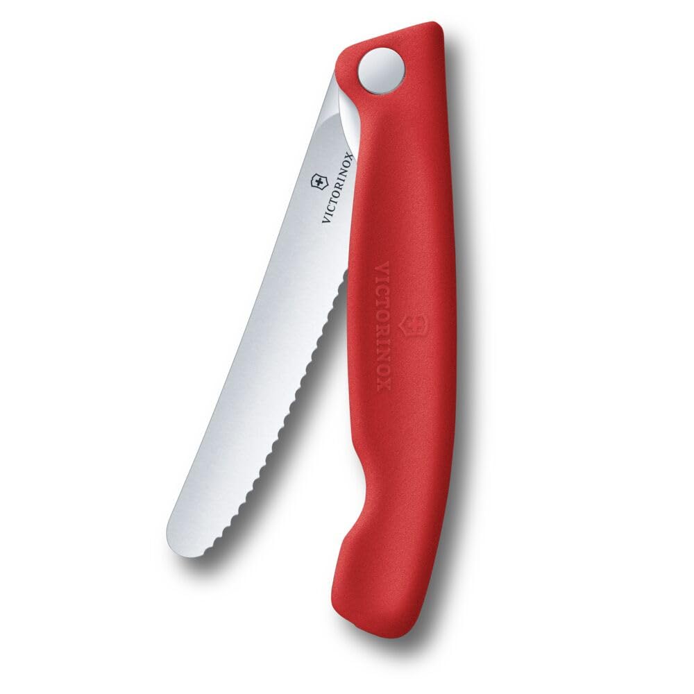 Victorinox Swiss Classic Folding Picnic Knife for Hiking, Fruits, Vegetables, Rolls, Sausage, Serrated Cut, Extra Sharp, Red