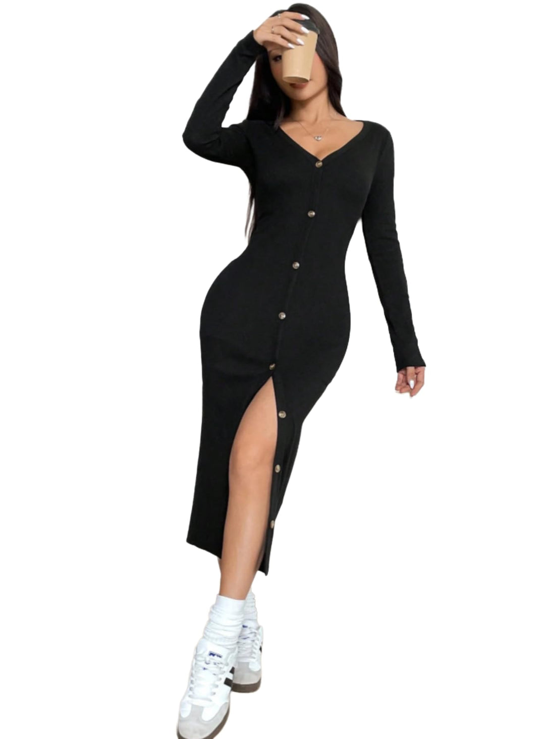 SHEIN Dress – Casual Black Knitted Cardigan Dress with Front Button Closure, Slim Fit Long Autumn Outfit for Daily & Workwear