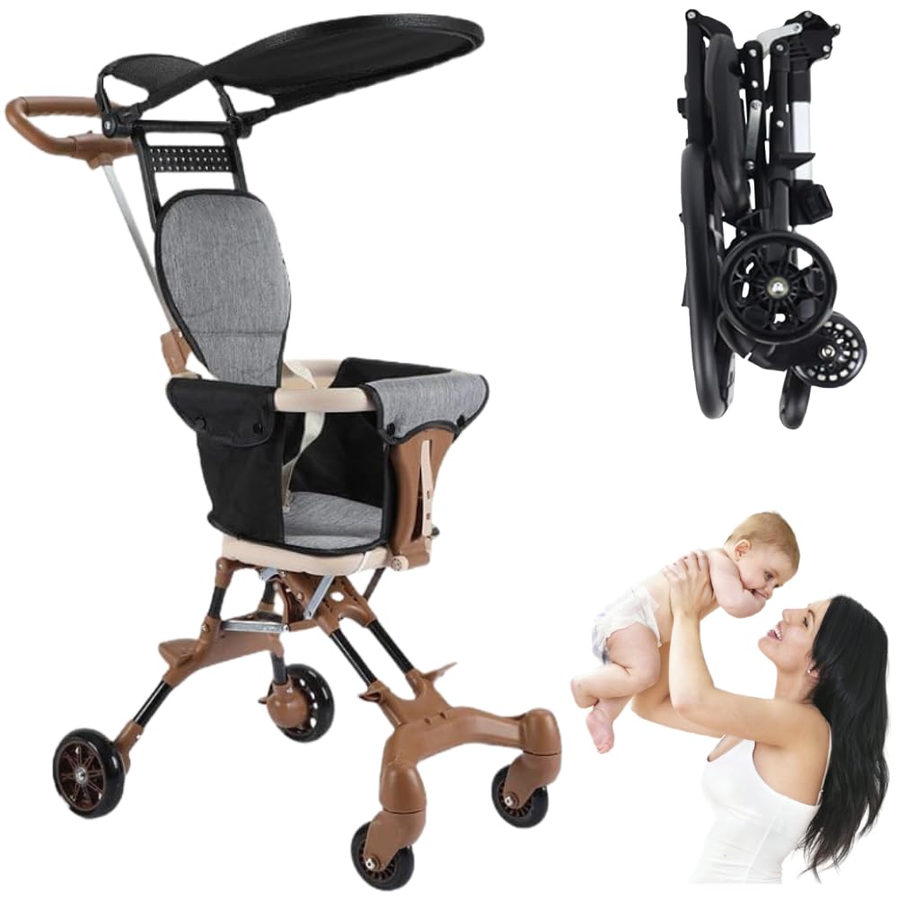 Optico Baby Stroller - Professional Foldable 4 Wheels Ergonomic Adjustable Infant Carriage for 1 to 6 Years Old, Portable Lightweight Compact for Airplane Travel (Khaki)