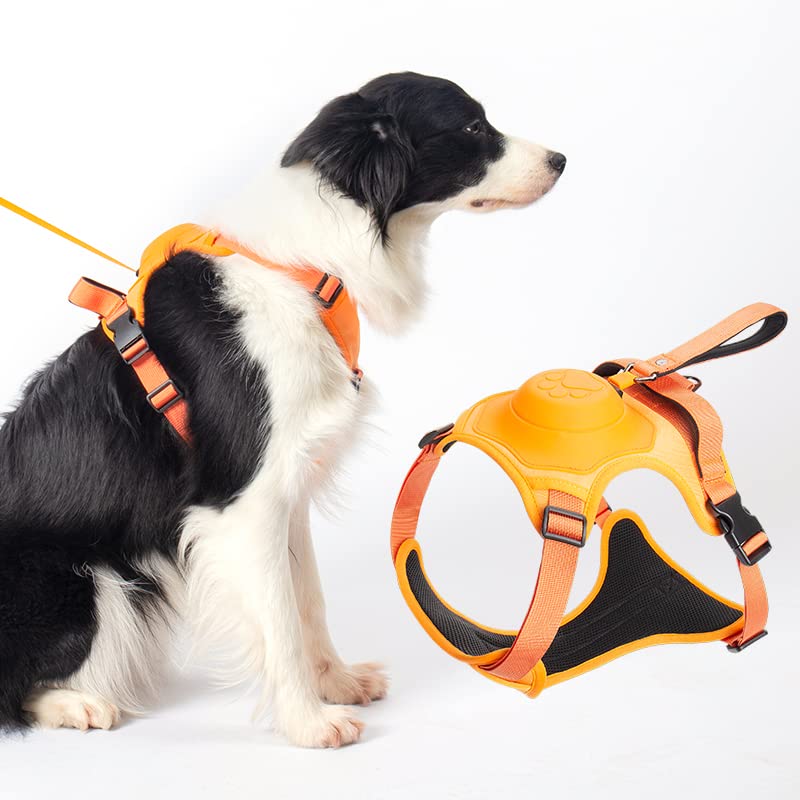 Dog Harness with Retractable Dog Leash as one, No-Pull Harness with Adjustable Soft Padded Dog Vest (Dog Harness and Attached Tangle Free Dog Leash for Extra Large Dogs) XL, Orange