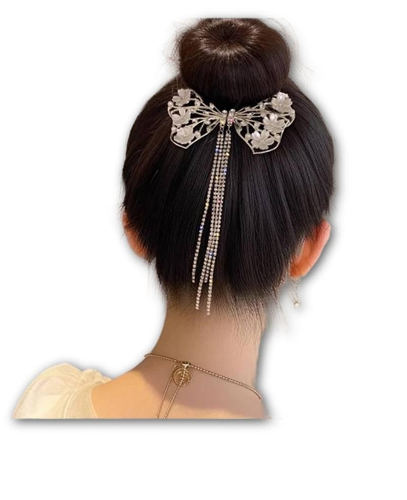 Pearl Floral Hair Comb Butterfly Bow Clip with Sparkling Rhinestone Tassel in Silver Gold Colors