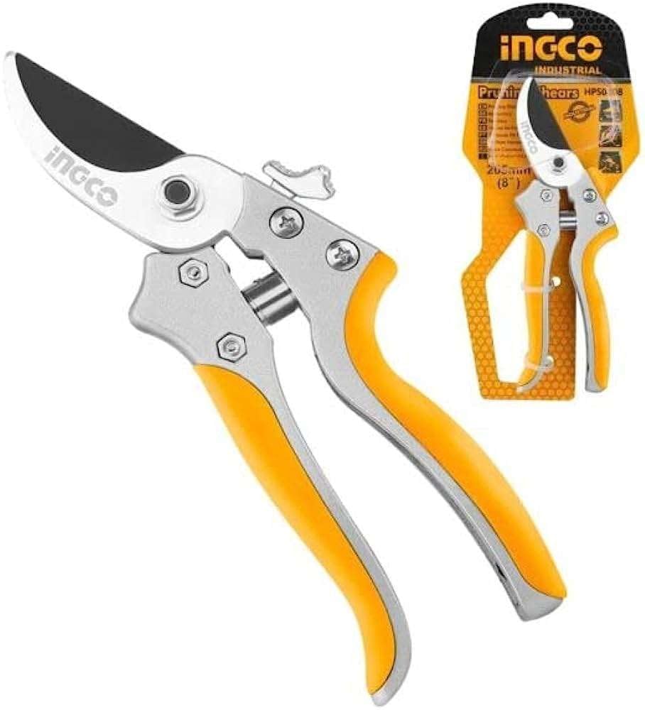 Ingco 8 Inch Heavy Duty Pruning Shears, Aluminium Handle, Branch Cutting, Tree Trimming, Soft TRP Grip, Yellow, HPS0308