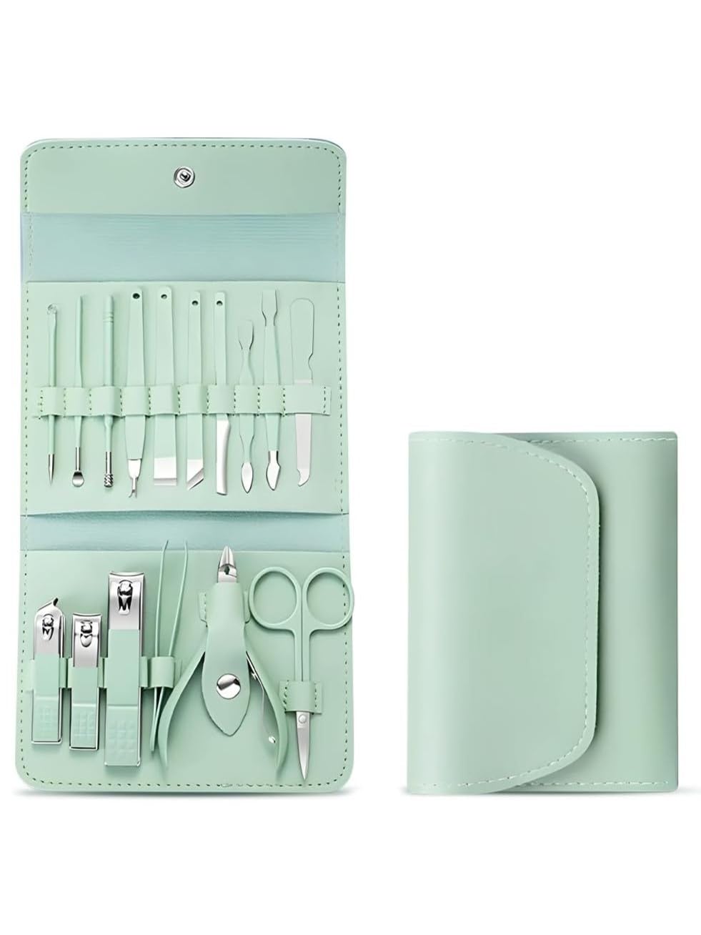 Manicure Set - Nail Clippers Set of 16 PCS, Professional Grooming Kit with Travel Leather Case, Nail Tools with Luxurious Travel Case for Men and Women (Mint Green)