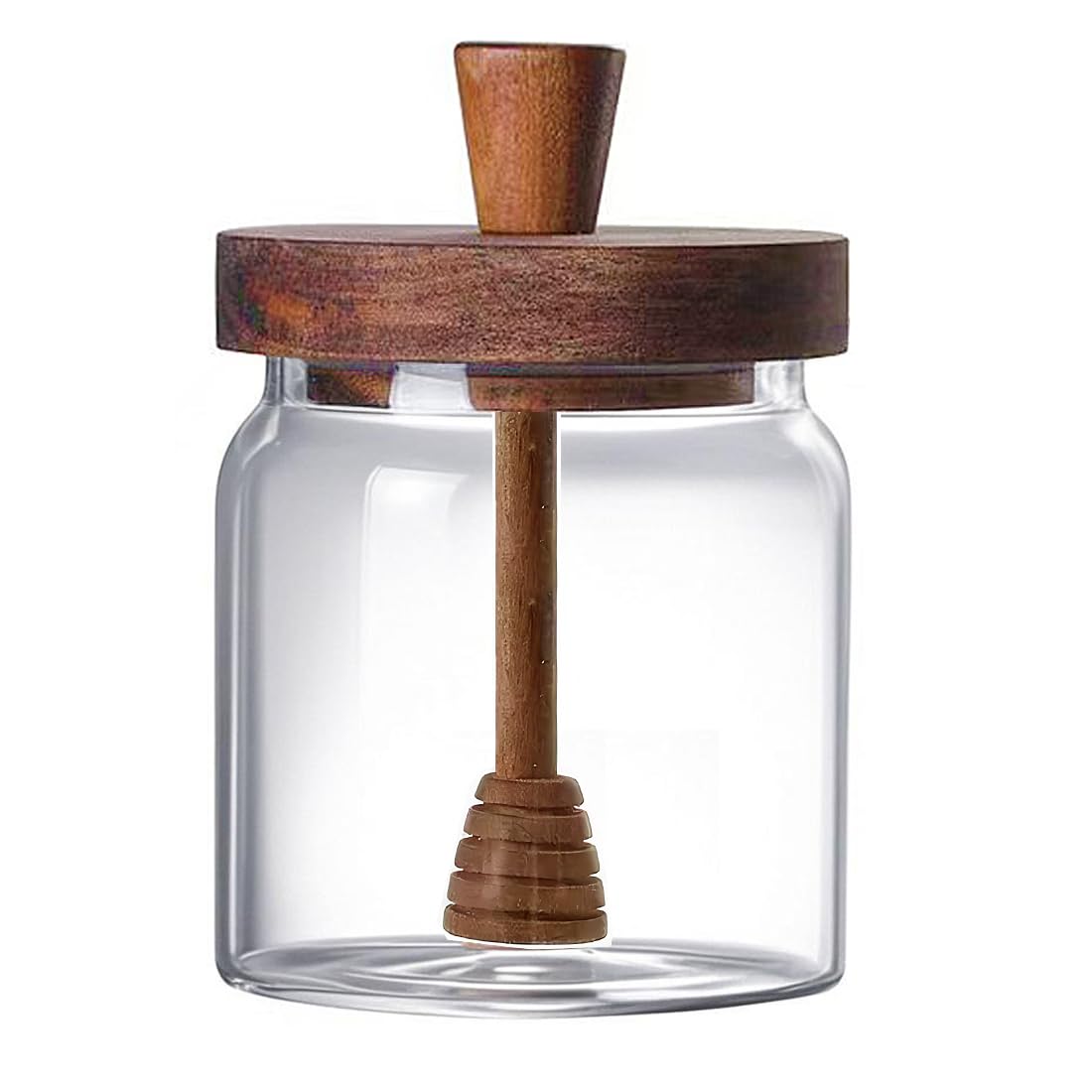 Glass Honey Jar with Dipper and Lid, 14 OZ Airtight Honeypot with Acacia Wood Lid, Coffee Syrup Dispenser, Round Honey Storage Container, Kitchen Dining Gifts for Her Bar Accessories