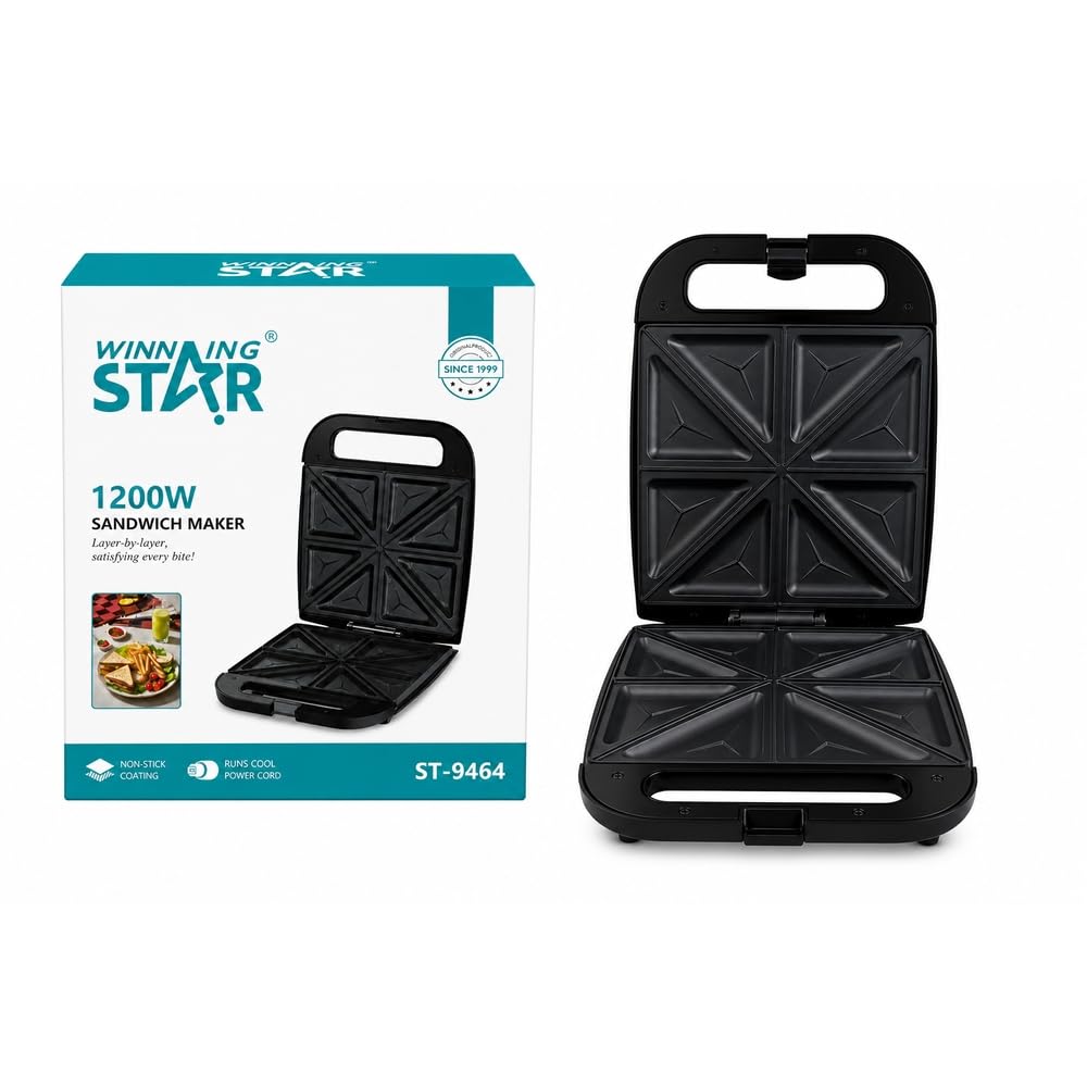 WINNING STAR ST-9464 1200W Sandwich Maker,4 Slice Triangle Plate Toaster with Non Stick Coating and Indicator Lights - A1-591