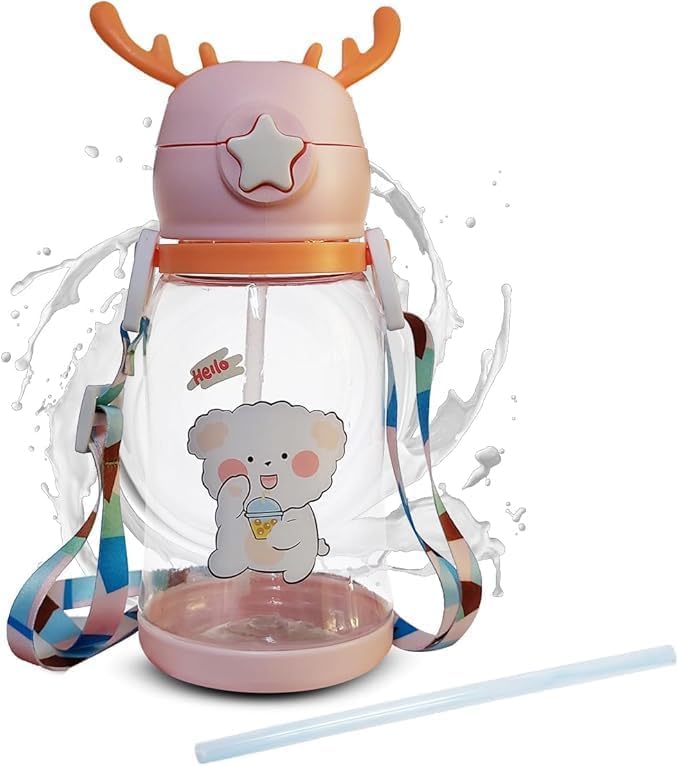 Water Bottle With Straw –600 ML Leak-Proof Bottle for School – Acrylic Toddler Bottle With Strap – BPA-Free Lightweight Water Bottle for Girls Boys F-324 (Pink)