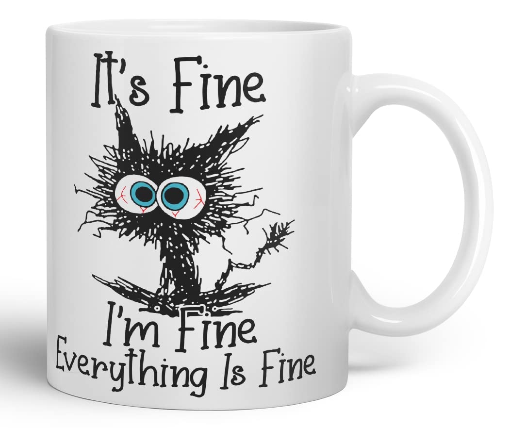 Vixar Its Fine I'm Fine Everything is fine Cat Joke Coloured Mug Cup Gift Birthday Work Office Christmas Tea Coffee (White)
