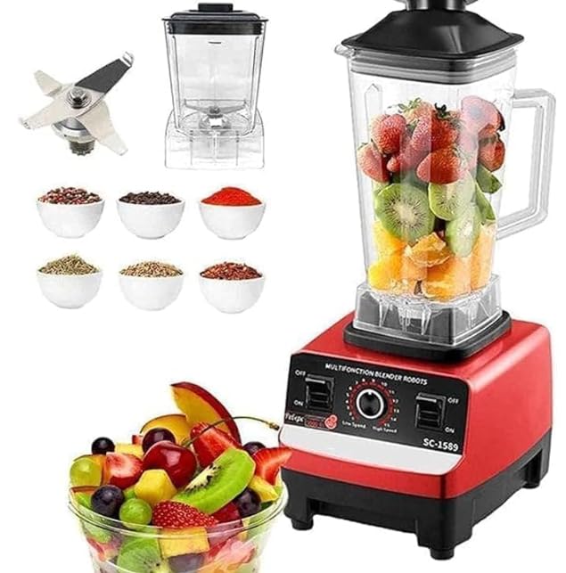 Silver Crest 4500W 2 in 1 Electric Food Blender Large Capacity Unbreakable 6 Stainless Steel Blades 15 Speed Functions for Food and Juice Sc1589 Red