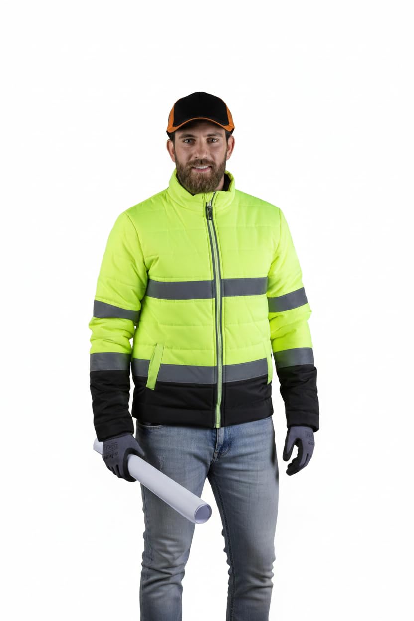 Safety-Line High Visibility Safety Jacket, Lime Yellow and Black, Reflective Strips, Hooded, Water Resistant