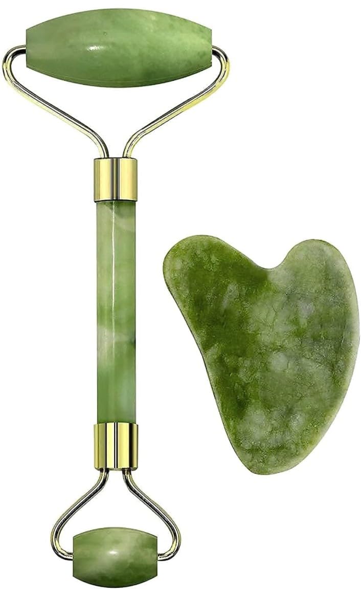 SILCON Green Facial Massager Jade Roller & Gua Sha Tool Natural Himalayan Stone for Face Neck Healing Skin Wrinkles & Serum Application
