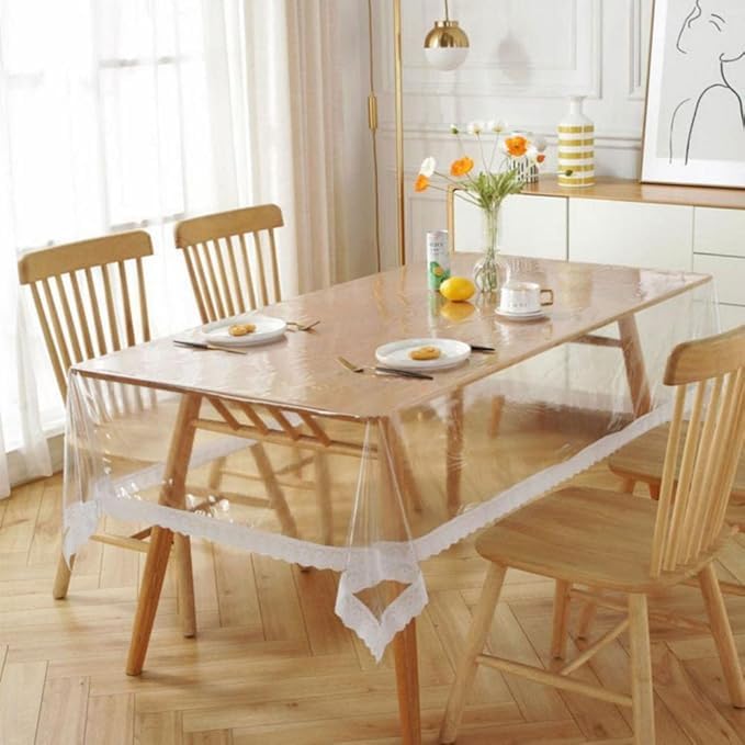 Clear PVC Vinyl Tablecloth With Lace Macrame Border, Heavy Duty Waterproof Table Cover Rectangle Transparent Protector For Kitchen Dining Table Home Indoor Outdoor Holiday Party Use (152 x 228 cm)