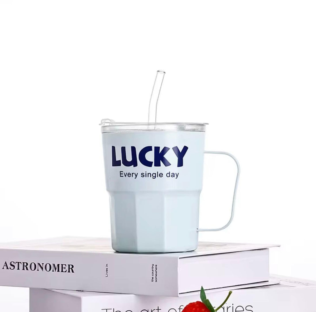 Glass Cup with Handle and Straw, Simple Design for Office Outdoor Use, Hot and Cold Drinks (Blue)