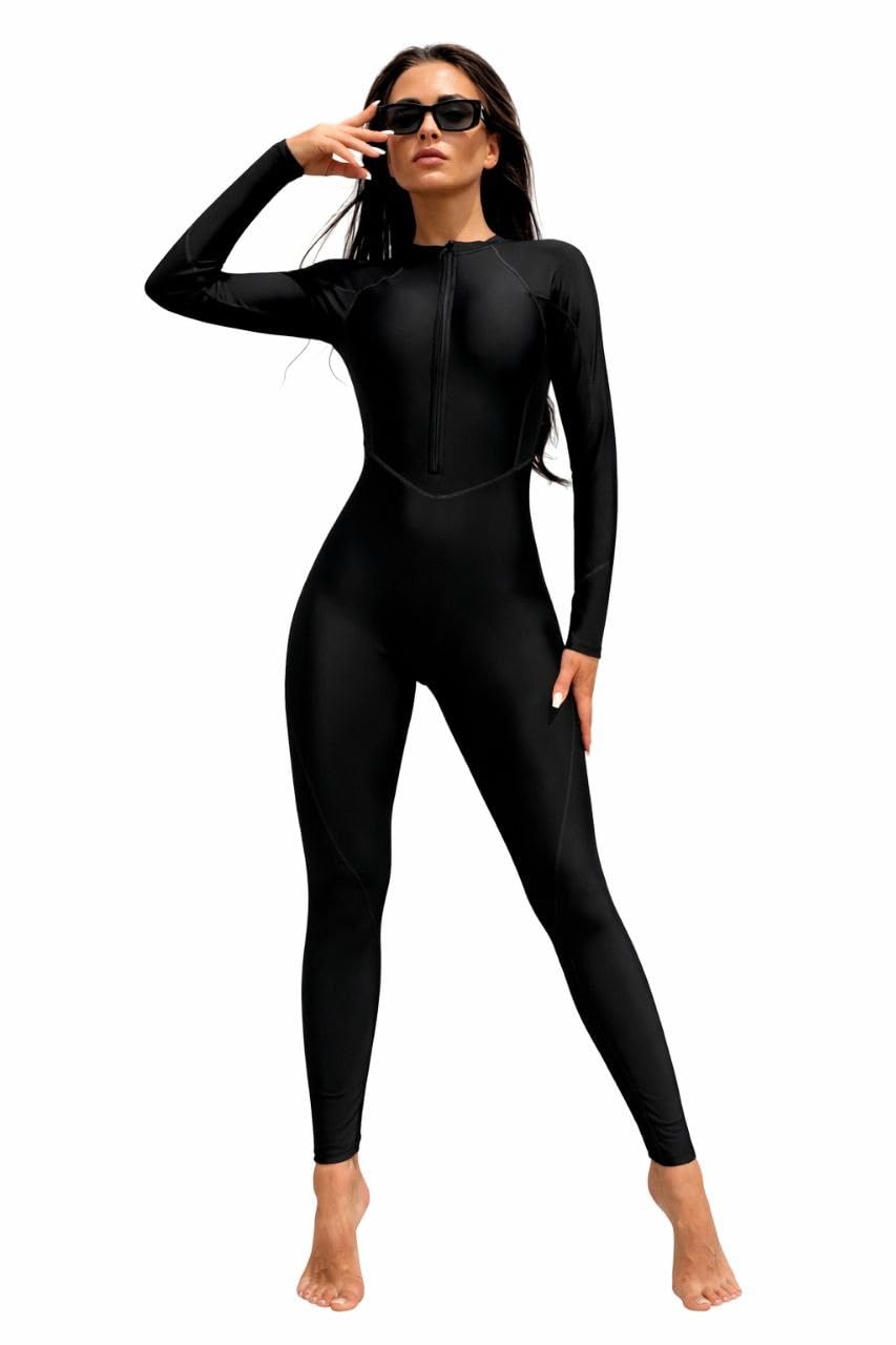 SHEIN-Solid Base Color Contrasting Slim Edge Long-Sleeved Zipper Sports Style One-Piece Swimsuit