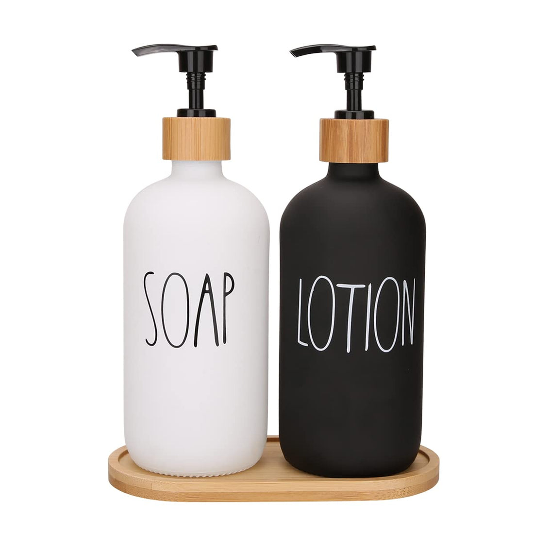 AfooBezos Soap Dispenser Bathroom Set, Hand Soap and Lotion Dispenser Set with Tray for Bathroom, Black and White Bathroom Decor Modern Farmhouse Decor Kitchen Art Dish Soap Holder (Black & White)