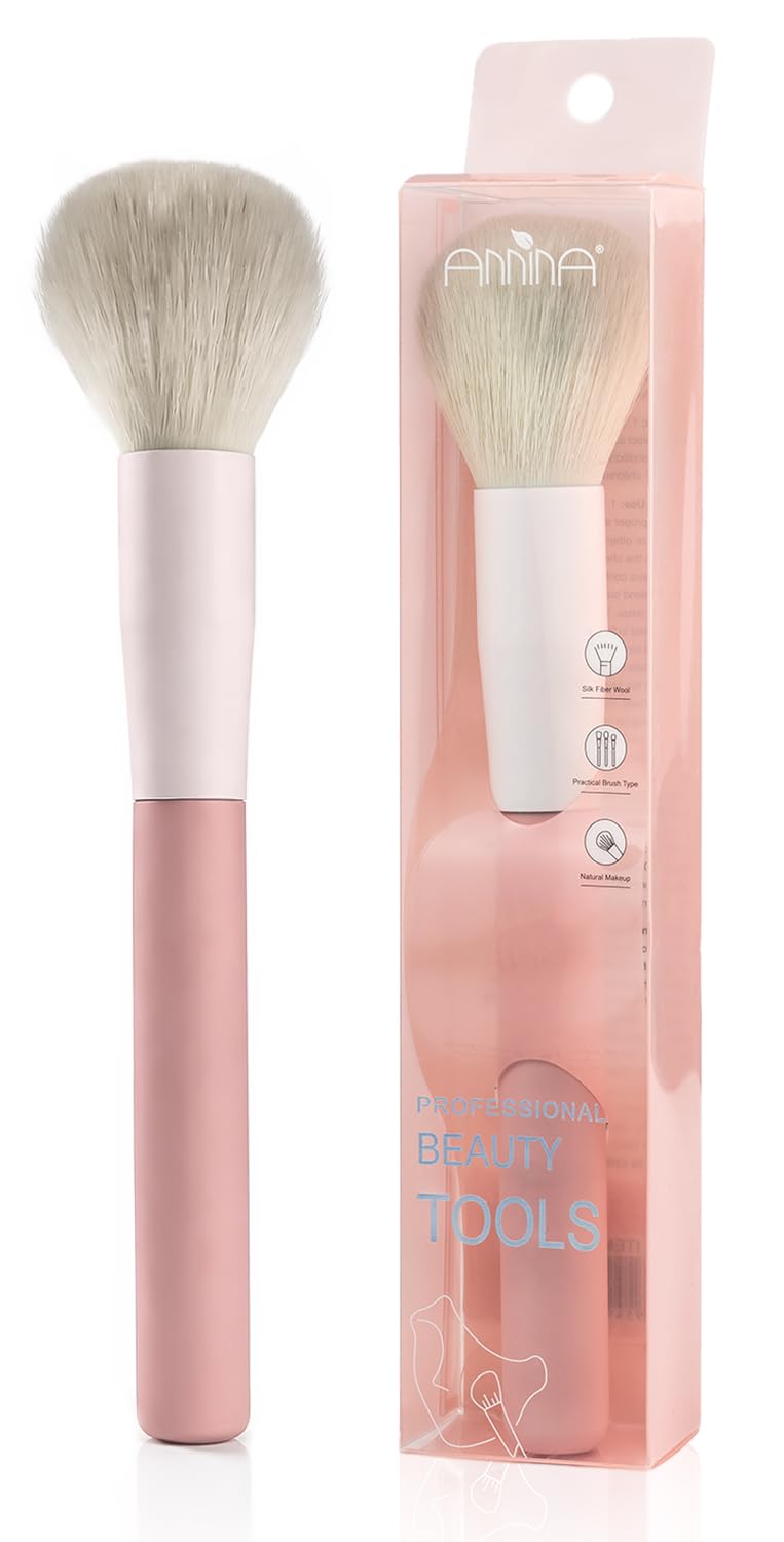 Annina - Professional Beauty Brush For Face Makeup, Silk Fiber Wool Bristles, Natural Finish Makeup, Practical Brush Type For Smooth Blending and Daily Beauty Use (White & Pink)