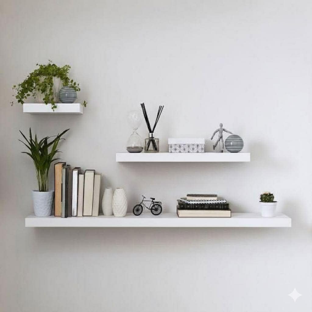 MDF Wood Wall Shelves, Modern Design, Waterproof and Scratch Resistant, 3 Pieces, Size 15x20, 15x40, 15x60, with Installation Supplies, Multi-Use, for Bedrooms, Office, Kids Rooms, Kitchen (White)