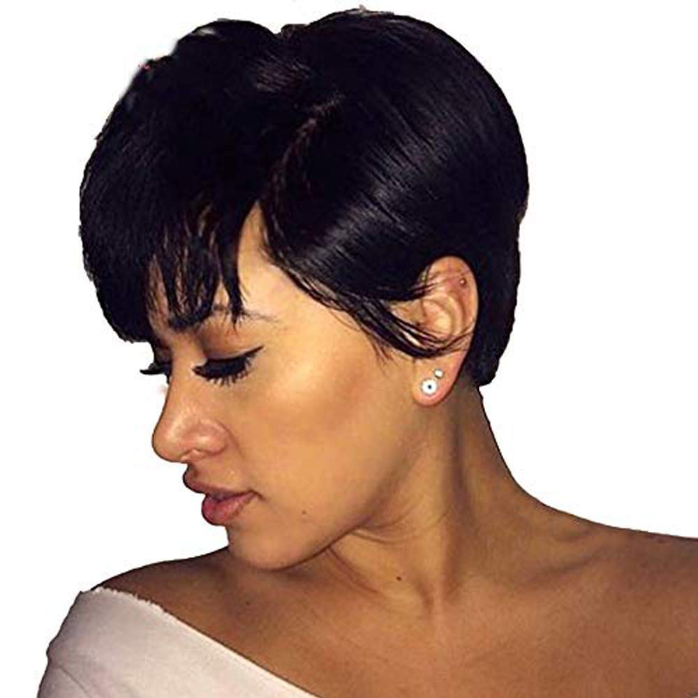 ECIF Pixie Bob Wigs Human Hair Wigs For Black Women Short Black Pixie Cut Wigs With Bangs 1B Color