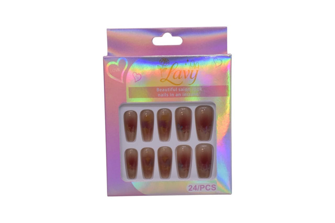 Lavy Ombre Coffin Shape with Floral Accents Press-On Mink Nails 24-Piece Set - Nude
