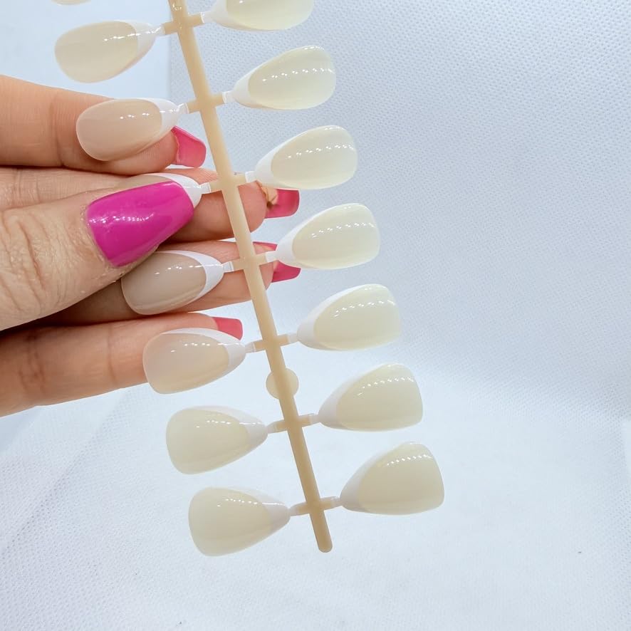 Premium Almond French Press On Nails – 24PCS Natural Everyday Fake Nails for University & Daily Wear – 12 Colors Available (Light Beige French)