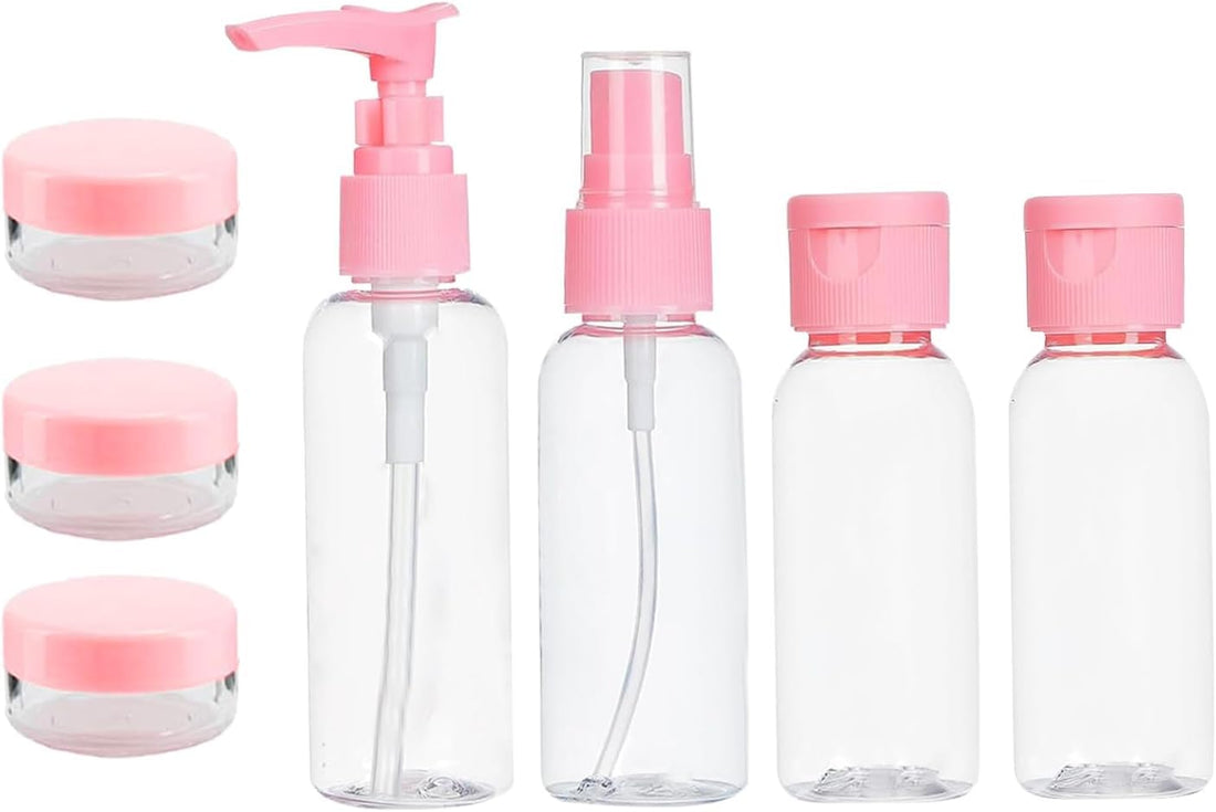 Travel Bottles for Toiletries - Refillable Empty Mini Small Container Travelling Kit Set for Shampoo, Cosmetics & Other Essentials - with Pouch (Random Colours)