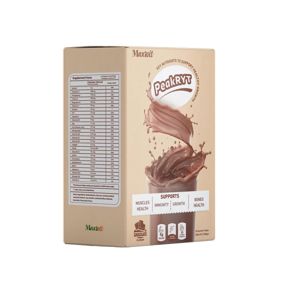 PeakRyt Chocolate Flavoured Weight Gain Drink Mix, 5g Protein, 25 Vitamins & Minerals, for Kids 4+ Years& 10-pack