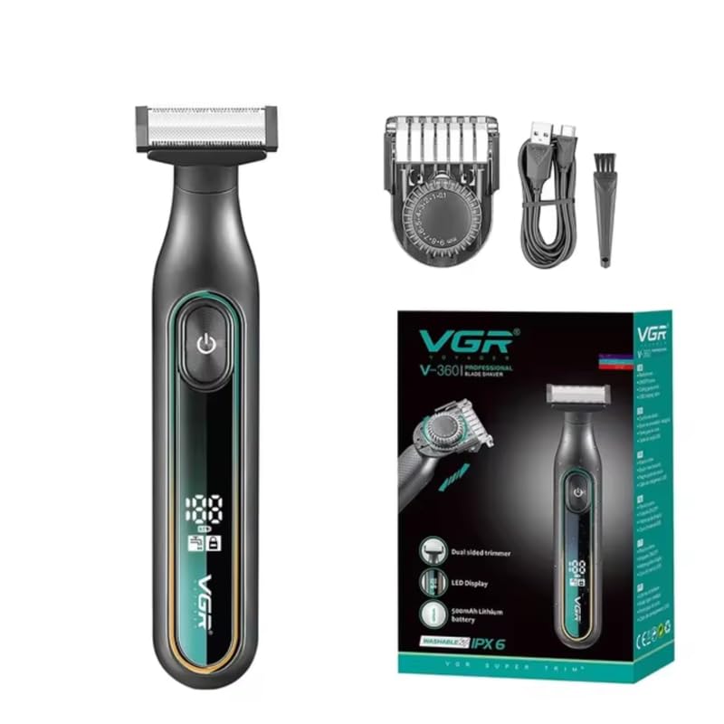 VGR V-360 Digital Display Cordless Dual Sided OneBlade Trimmer & Shaver 0.5-9mm Adjustable Comb for complete Beard Styling & Body Hair Trimming 90 mins Runtime Fully Washable IPX5 Waterproof, Green