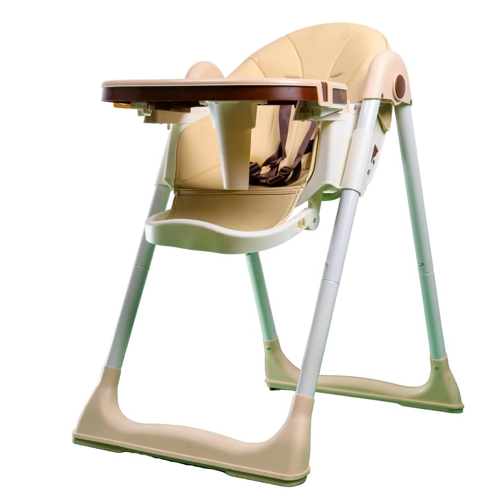 Adjustable Baby High Chair, Modern Feeding Seat with Removable Tray, Beige and Green, Foldable Design for Infants and Toddlers