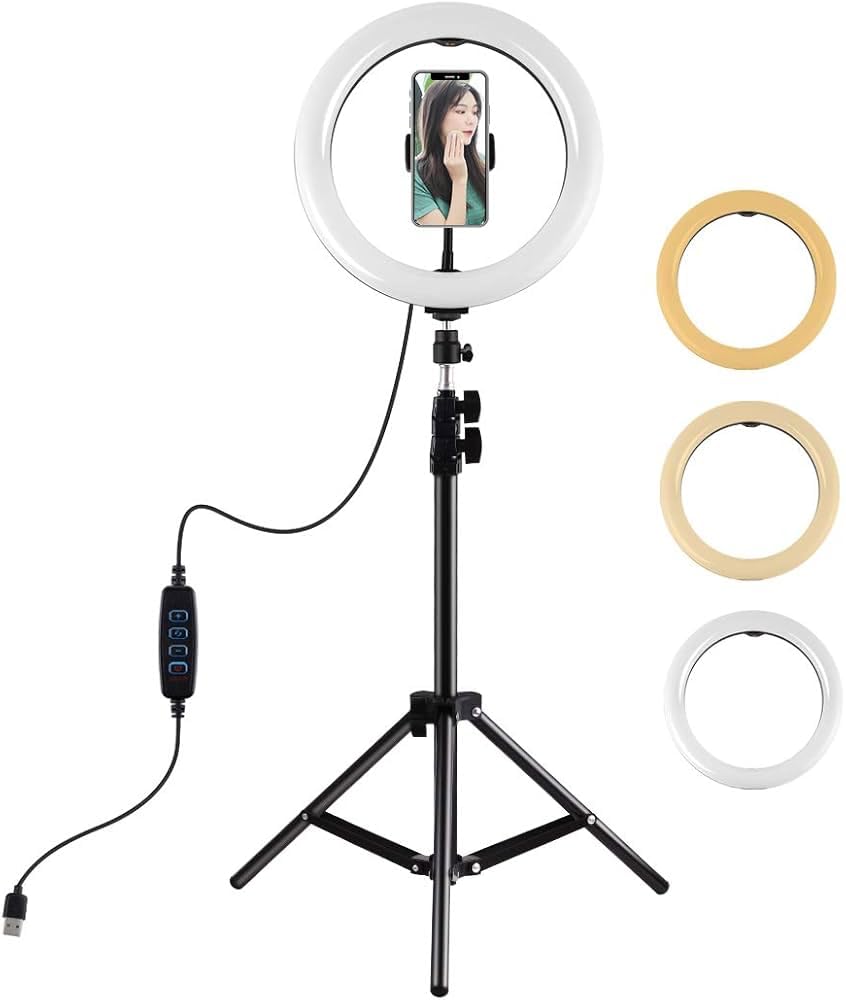 Selfie Ring Light, Dimmable LED Ring Light 10 Inch 26cm USB with Adjustable Tripod Stand and Phone Holder, 3 Lighting Modes and 10 Brightness Levels for Live Streaming, Makeup, Photography